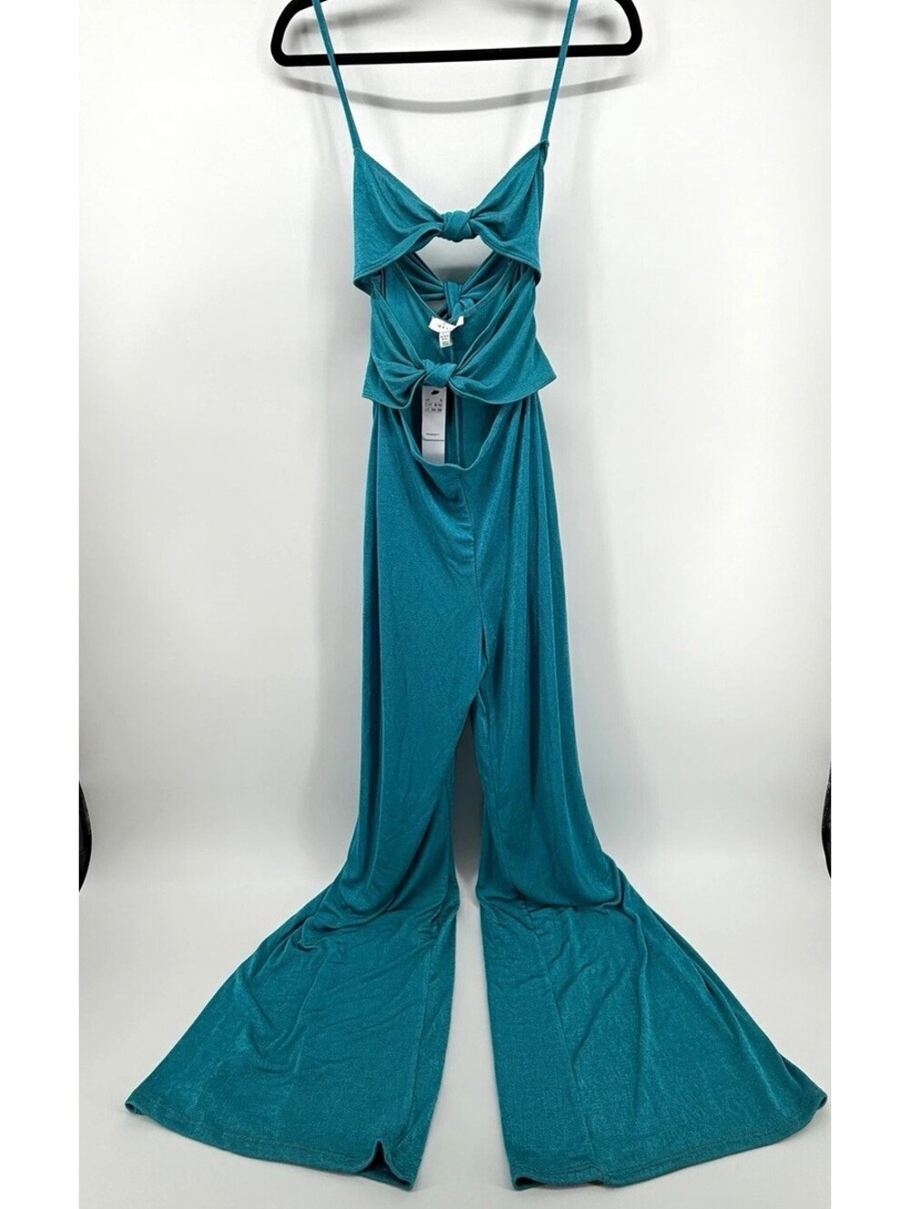 Topshop Teal Solid V-Neck Strappy Bow Front Flared Leg Jumpsuit Size S